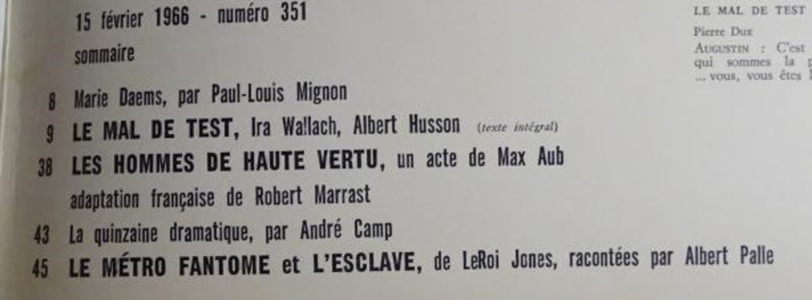 L'avant-scène Théâtre N 351 - Le Mal De Test - Ira Wallach - Albert Husson - French Authors