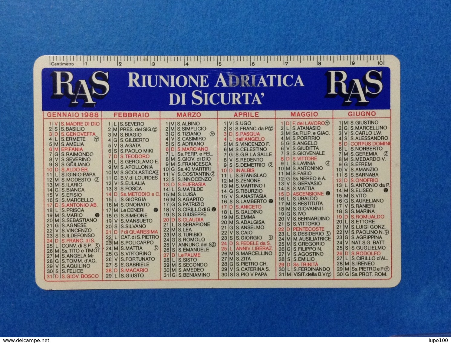 1988 CALENDARIETTO CALENDARIO RAS RIUNIONE ADRIATICA DI SICURTA' - Formato Piccolo : 1981-90