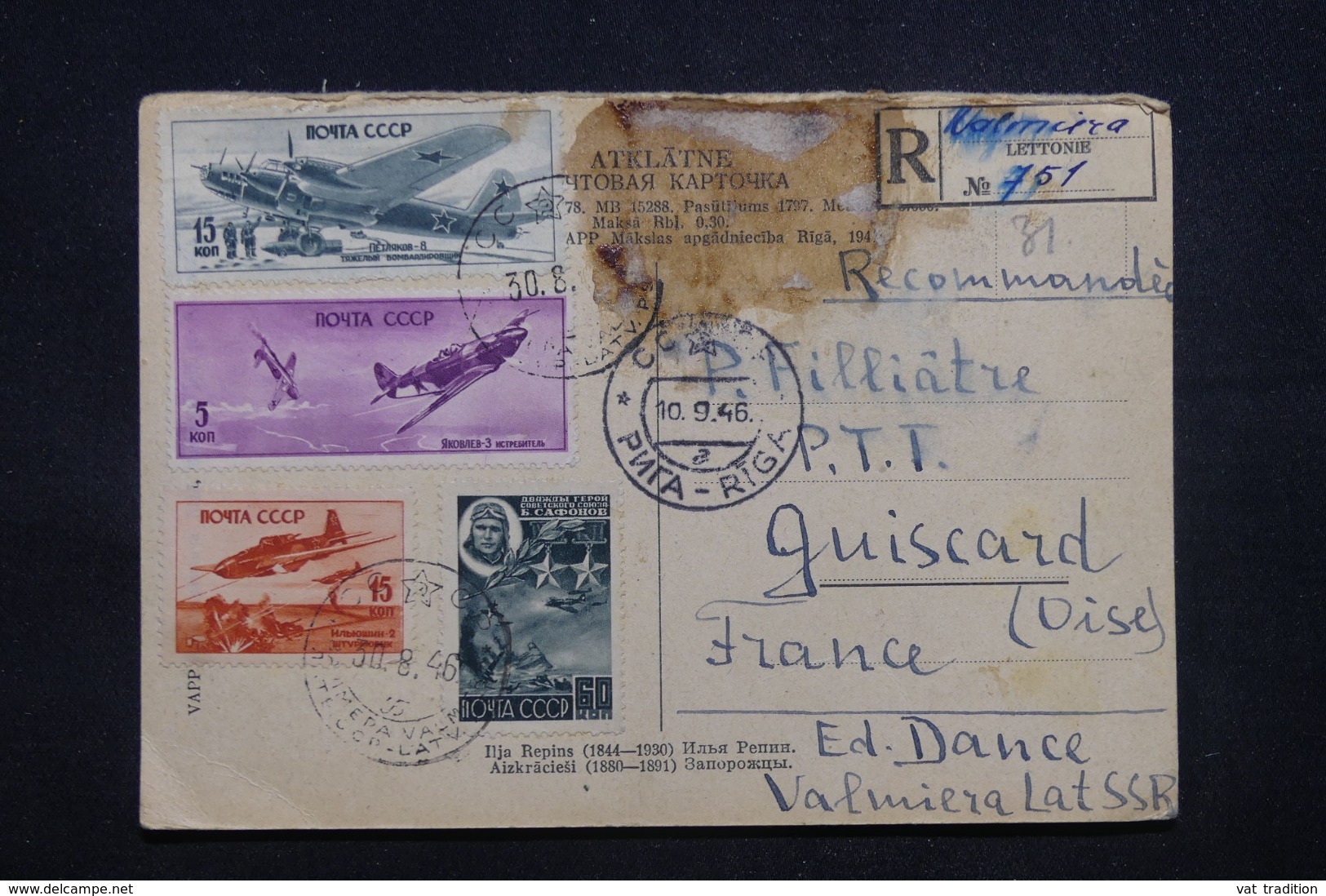 U.R.S.S. - Carte Postale De Riga En Recommandé Pour La France En 1946, Affranchissement Plaisant - L 43645 - Storia Postale