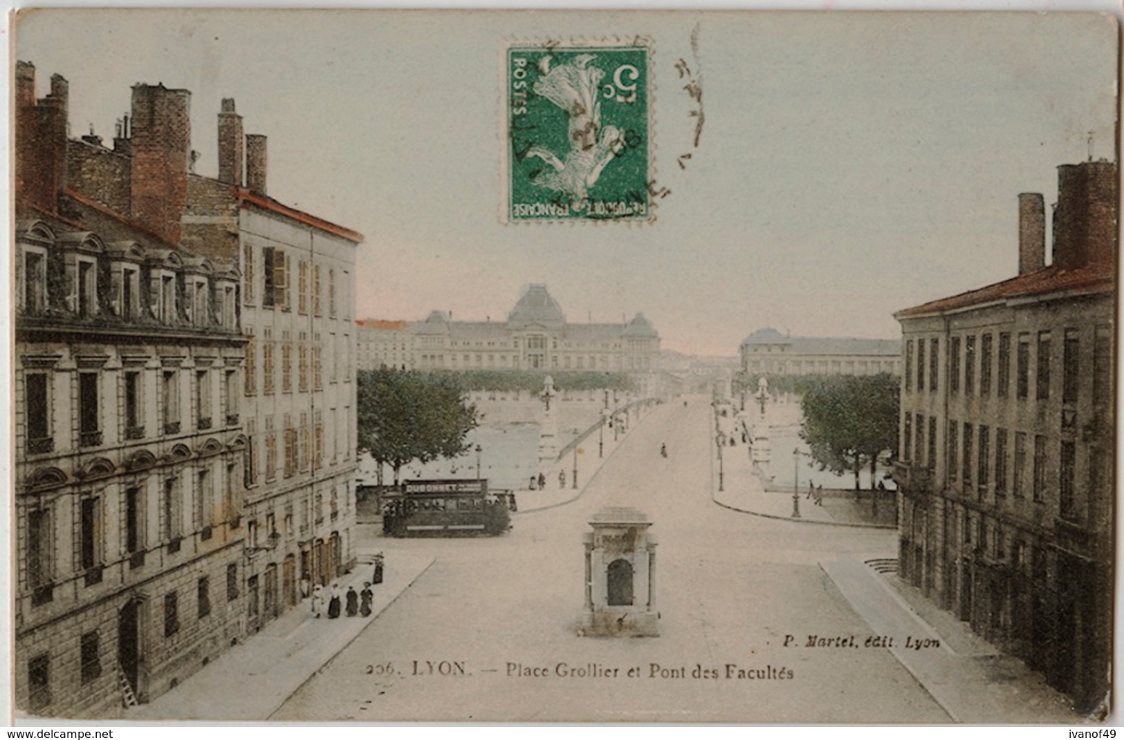 69 - LYON - Place Grollier Et  Pont Des Facultés - Carte Colorisée 1908 - Autres & Non Classés