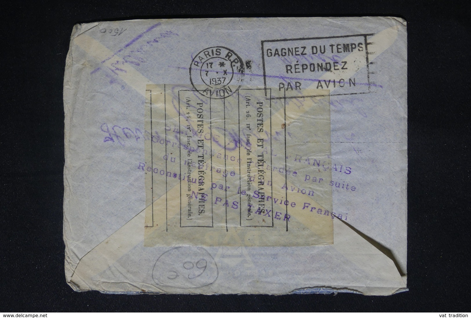 FRANCE - Griffe D' Accident D'avion Français Au Verso D'une Enveloppe De Alexandrie En 1937 Pour Bruxelles - L 43648 - Lettres Accidentées