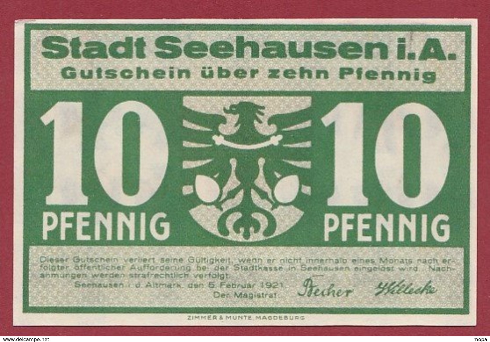 Allemagne 1 Notgeld De 10 Pfenning Stadt Seehausen (RARE)  Dans L 'état N °4813 - Colecciones