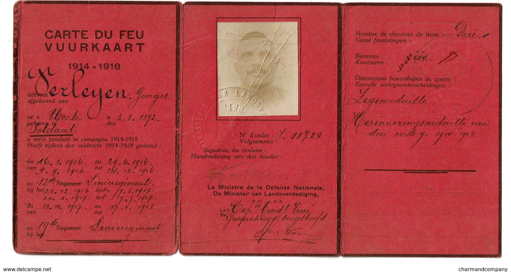 Carte Du Feu/Vuurkaart 1914-1918 Georges VERLEYEN - Uccle - 19è Régiment De Ligne / Linieregiment - 2 Scans - 1914-18