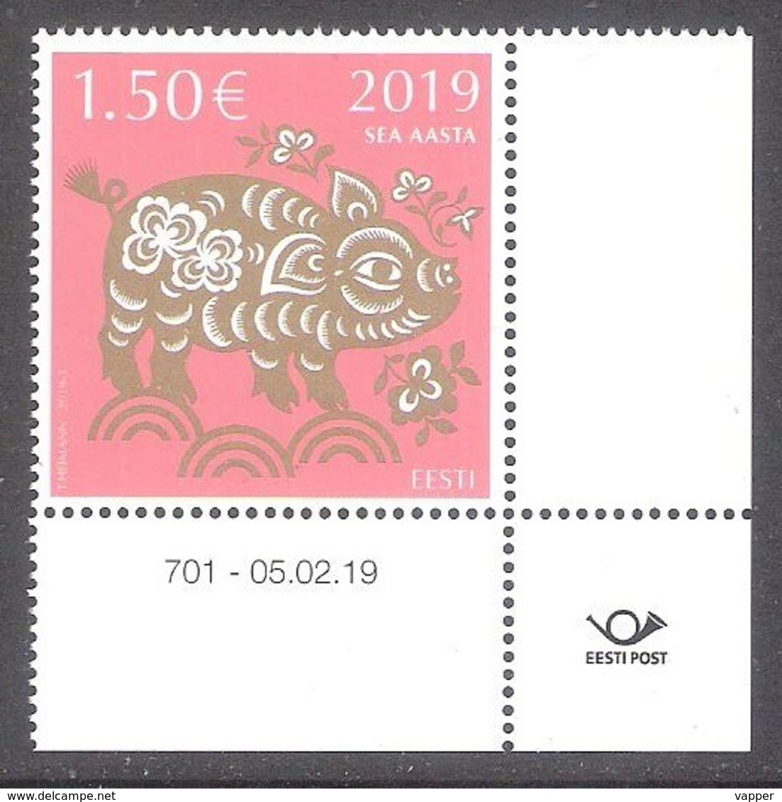 Chinese New Year – Year Of The Pig Estonia 2019 MNH Corner Stamp With Issue Number Mi 945 - Estonia