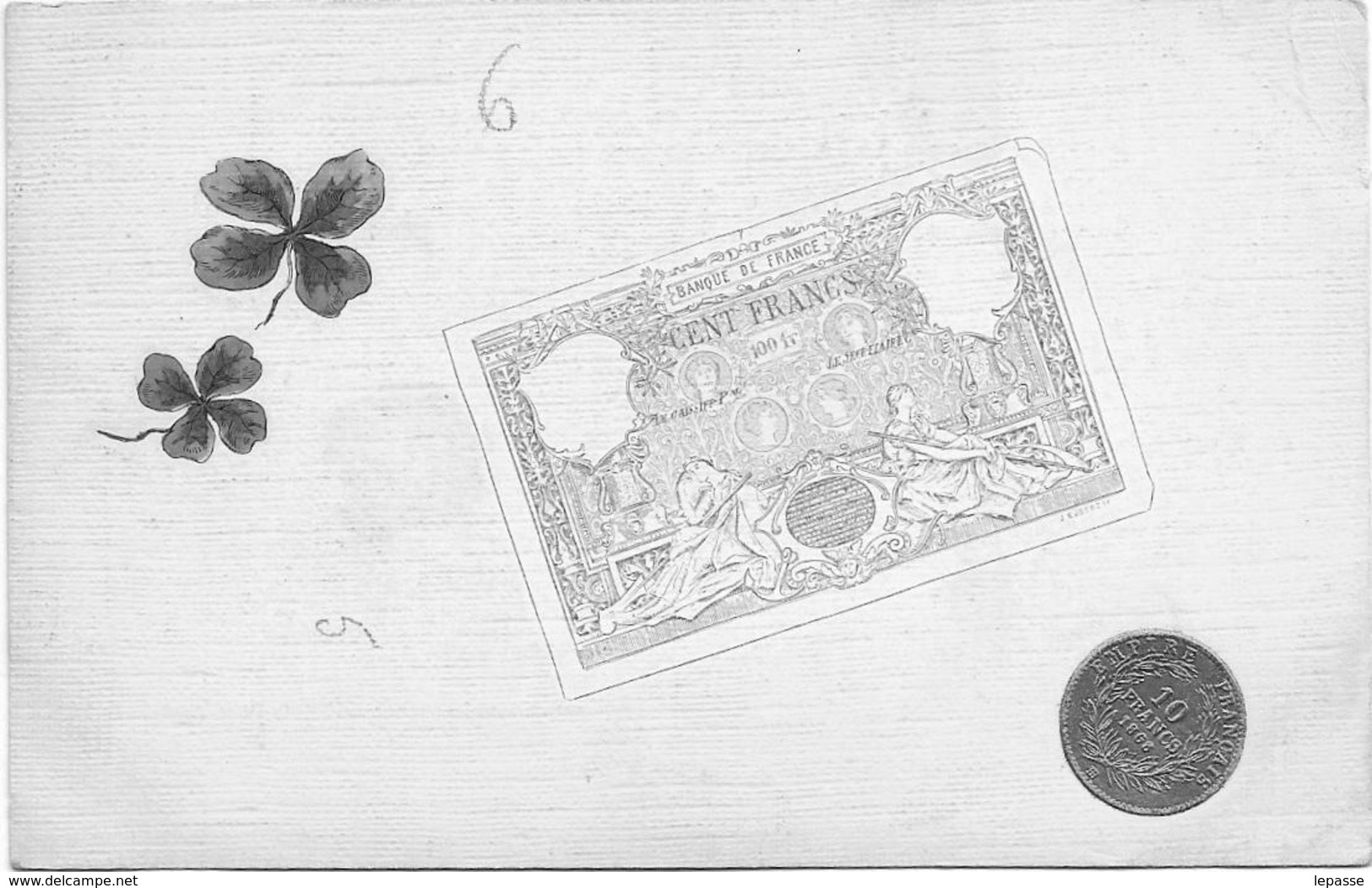 CPA FANTAISIE TREFFLE A 4 FEUILLE  BILLET PIECE  MONNAIE N°1 - Otros & Sin Clasificación