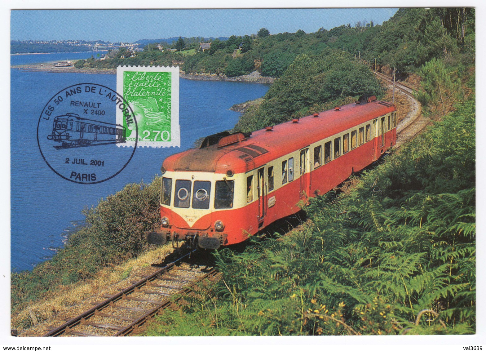 SNCF CP 50 Ans De L'autorail Unifié X2400 De 600cv 1951-2001 Avec Oblit Temporaire Autorail Renault Paris 02/07/2001 - Treinen