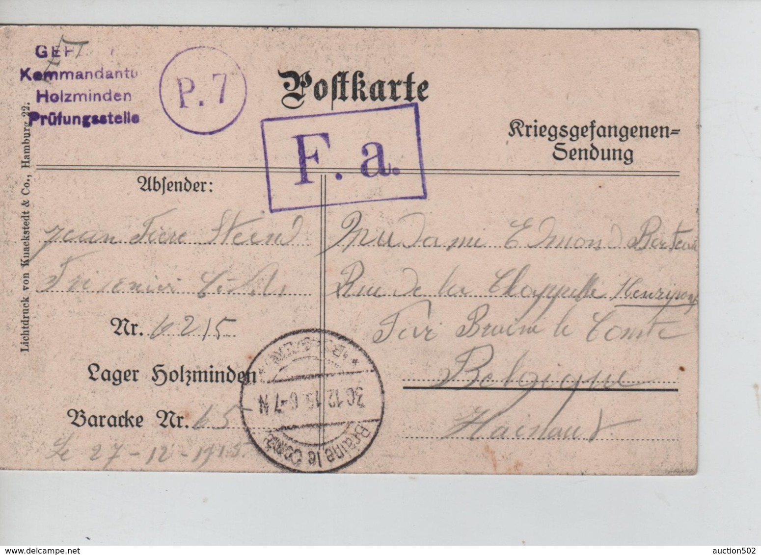 PR7435/ CP Camp De Holzminden Censure Du Camp 27/12/15 PDG-POW > Braine-le-Comte C.d'arrivée - Kriegsgefangenschaft