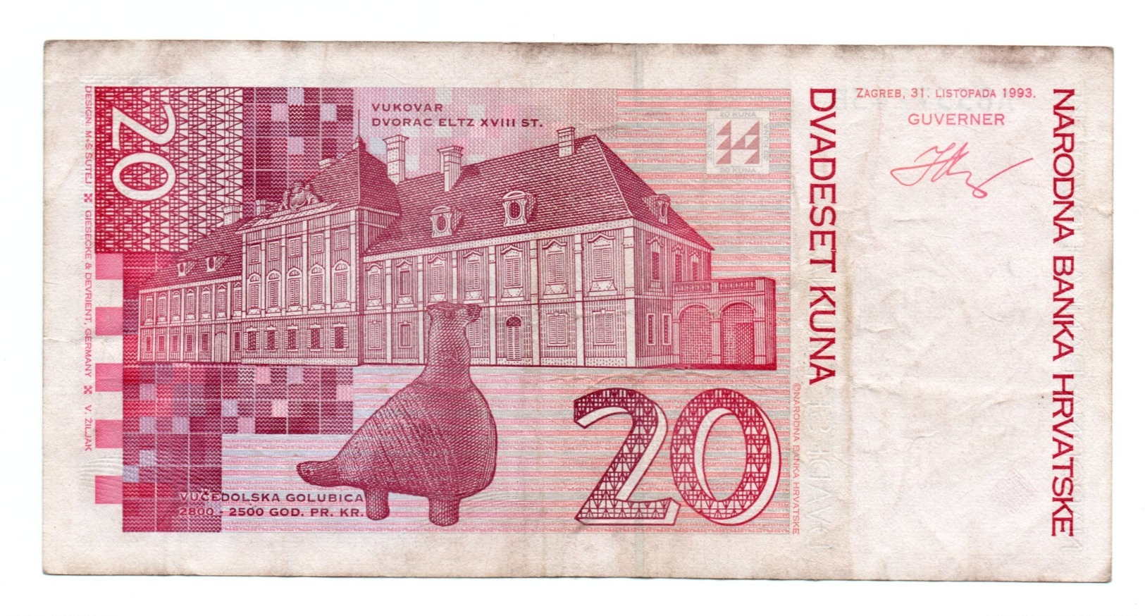 CROATIA»20 KUNA»1993»P-30 (WORLD PAPER MONEY)»VF CONDITION - Croatia