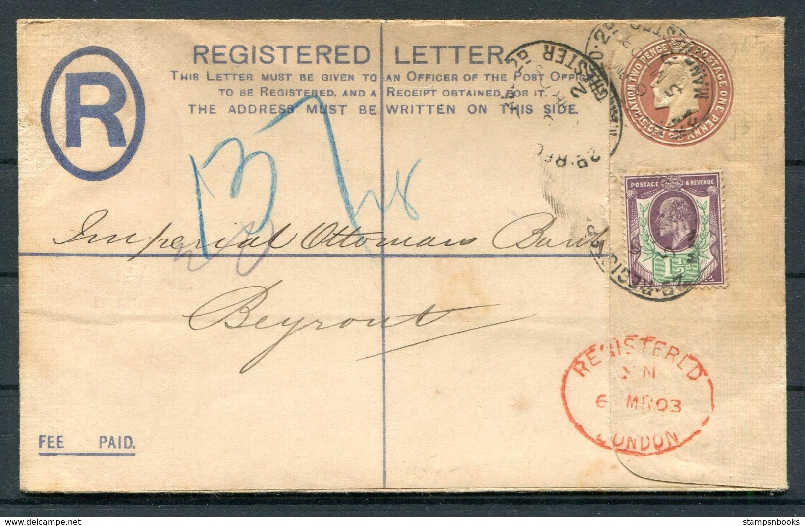 1903 GB Registered Letter, Manchester / London - Imperial Ottoman Bank, Beirut Lebanon - Cartas & Documentos