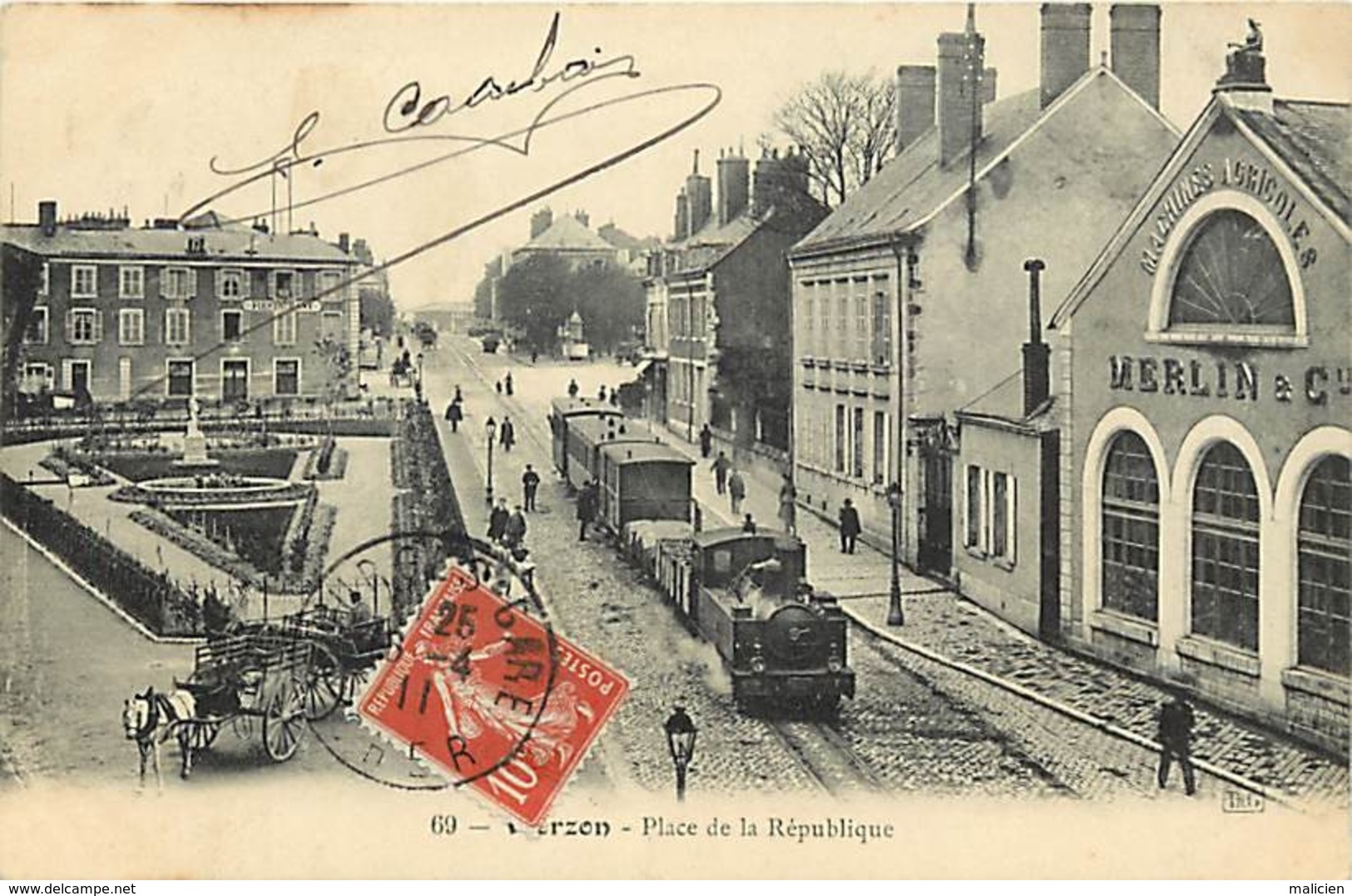 - Cher -ref-579- Vierzon -place De La Republique - Machines Agricoles Merlin - Train - Tacot - Trains - Chemin De Fer - - Vierzon