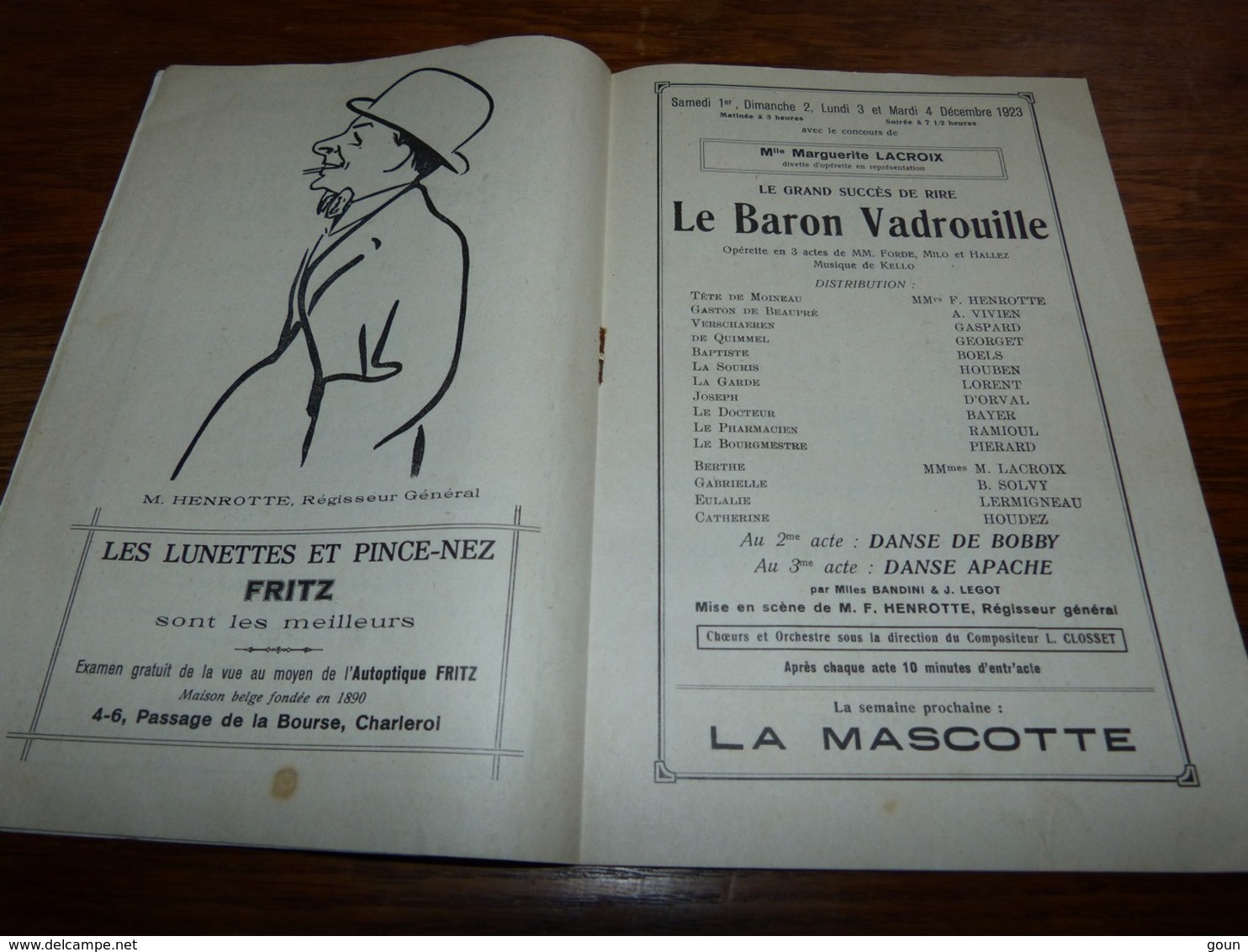 Programme Théâtre Variétés Charleroi 1923 Le Baron Vadrouille - Programmes