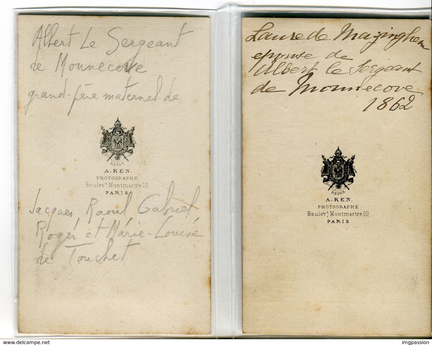 2 CDV 1862 :  Laure Louise Le VASSEUR De BAMBECQUE MAZINGHEN & Albert Henri Amédé Le SERGEANT De MONNECOVE - Personnes Identifiées