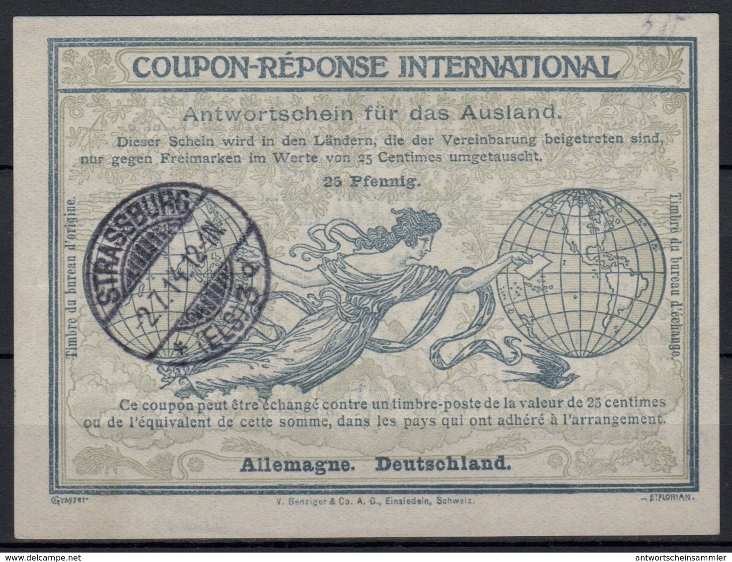 ALSACE LORRAINE Occupation Allemande O STRASSBURG 2.7.1914  Rome Type IV 25 Pf. Antwortschein Reply Coupon Reponse IAS - Reply Coupons