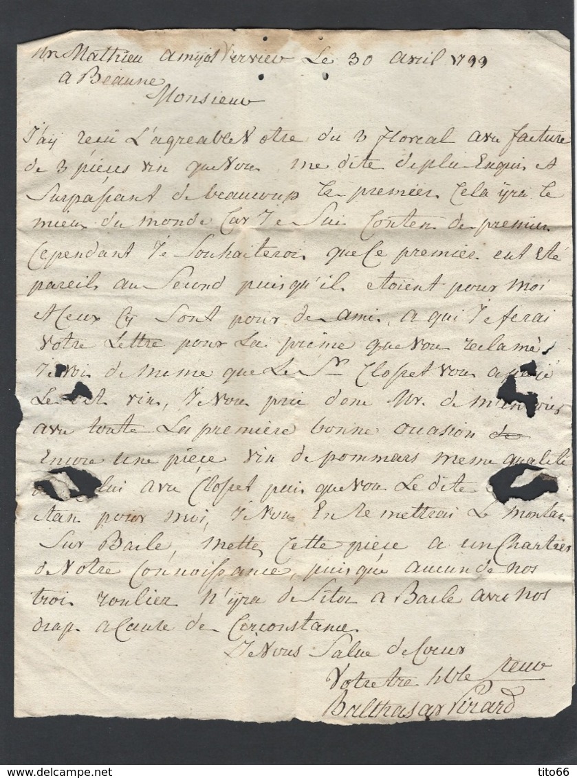 Lettre Avec Correspondance Marque Postale 96 VERVIERS (36X10) Belgique Vers Beaune Du 30 Avril 1799 - 1701-1800: Précurseurs XVIII