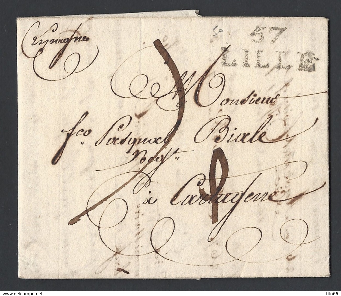 Lettre Avec Correspondance Marque Postale 57 LILLE Adressée Franco Pasqual Viale Du 16 Mai 1807 Vers Cartagène (Espagne) - 1801-1848: Precursors XIX