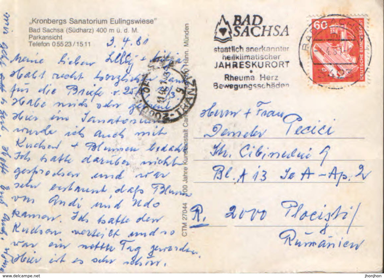 Germany - Postcard Used 1981 - Kronbergs Sanatorium Eulingswiese, Bad Sachsa Park View - 2/scans - Bad Sachsa