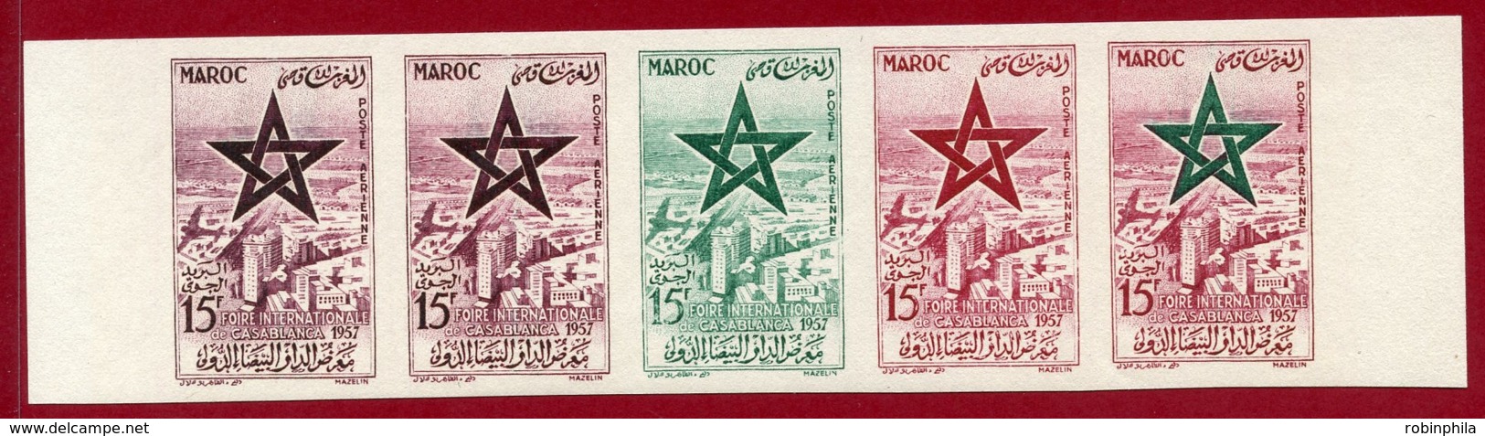 Morocco 1957 #C1, Color Proof Stripe Of 5, Sultan's Star Over Casablanca - Marruecos (1956-...)