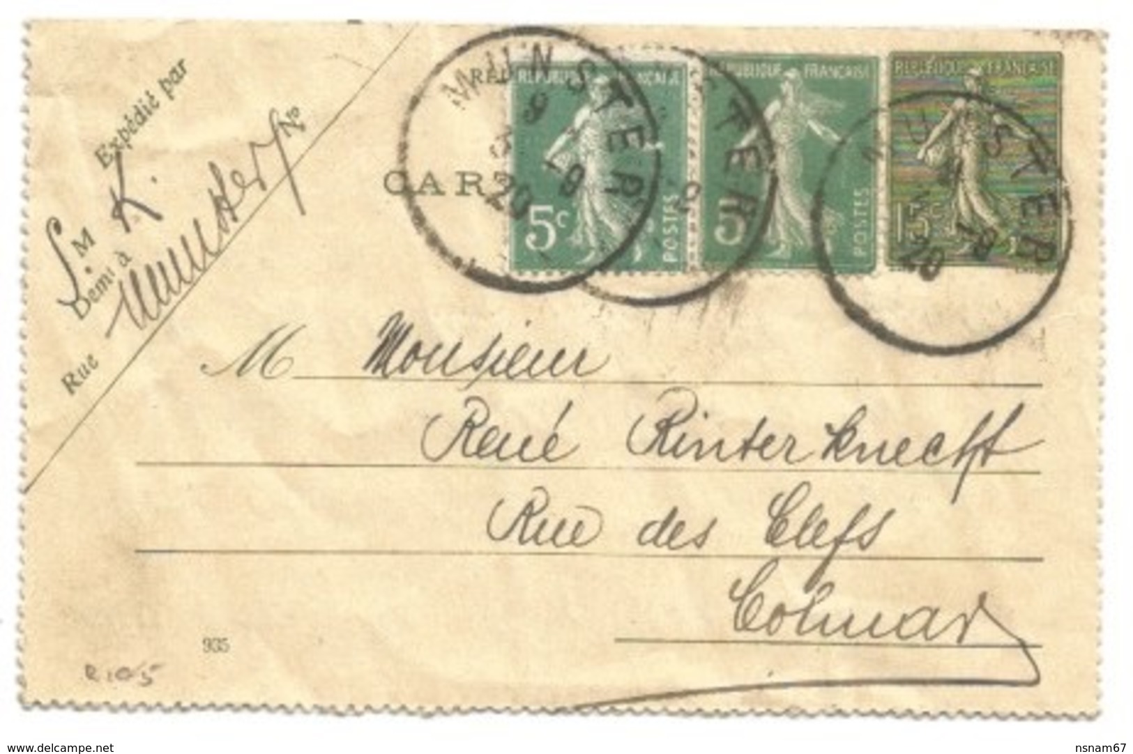 R105 - MUNSTER Sans Département - 1920 - Carte Lettre Entier Postal - Timbres Type Semeuse - - Autres & Non Classés