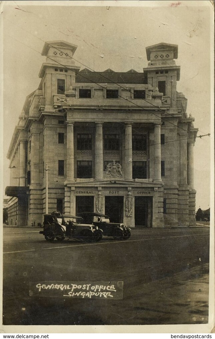 Singapore, General Post Office, Old Cars (1936) RPPC Postcard - Singapore