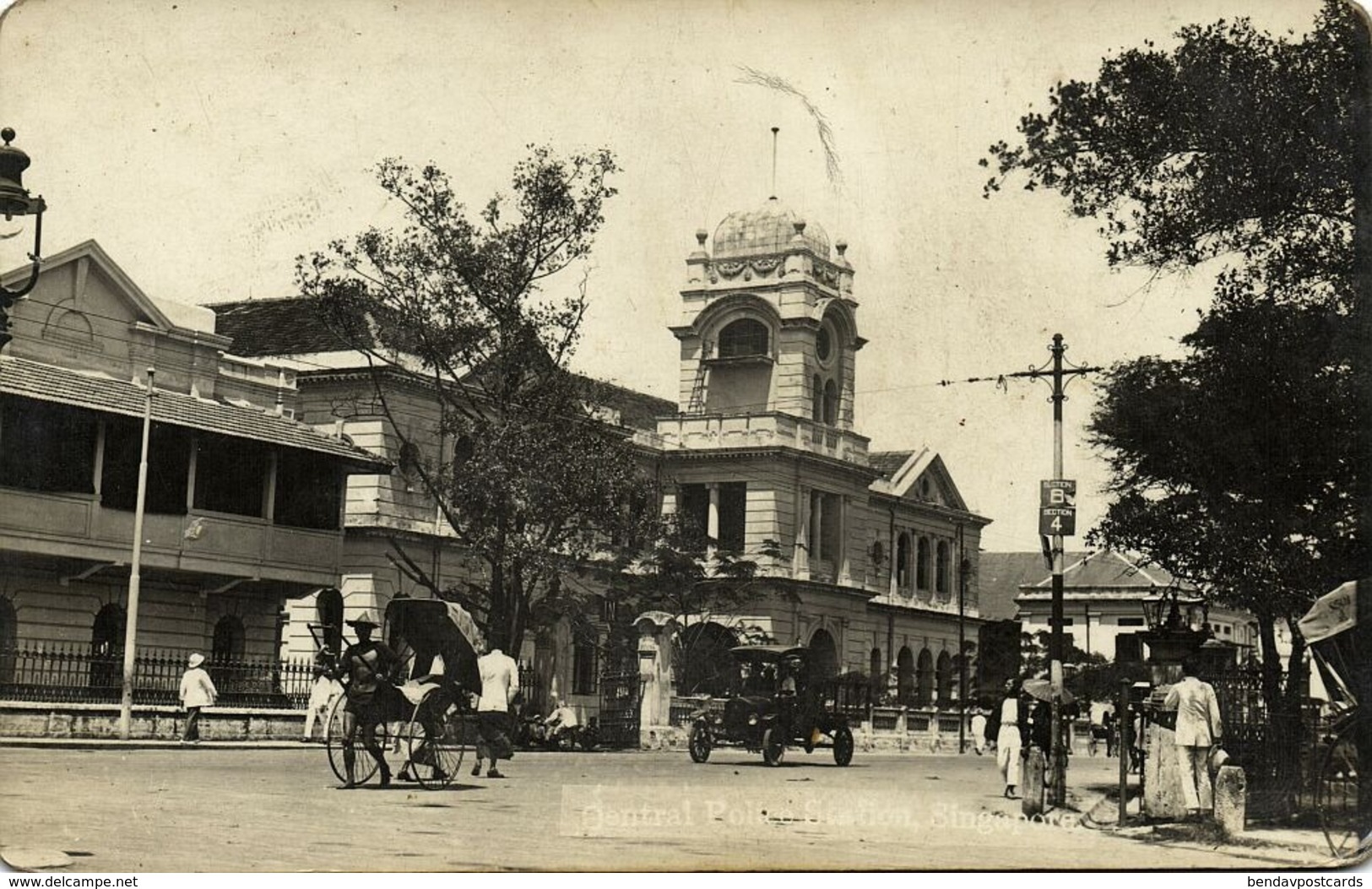 Singapore, Central Police Station, Old Car, Rickshaw (1931) RPPC Postcard - Singapore