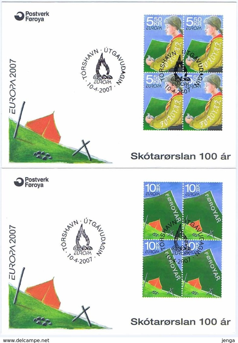 Faroe Islands; 2007.  Europa - CEPT;  Scouting 100 Years. Set Of 2 In Block Of 4 On FDC. - Féroé (Iles)