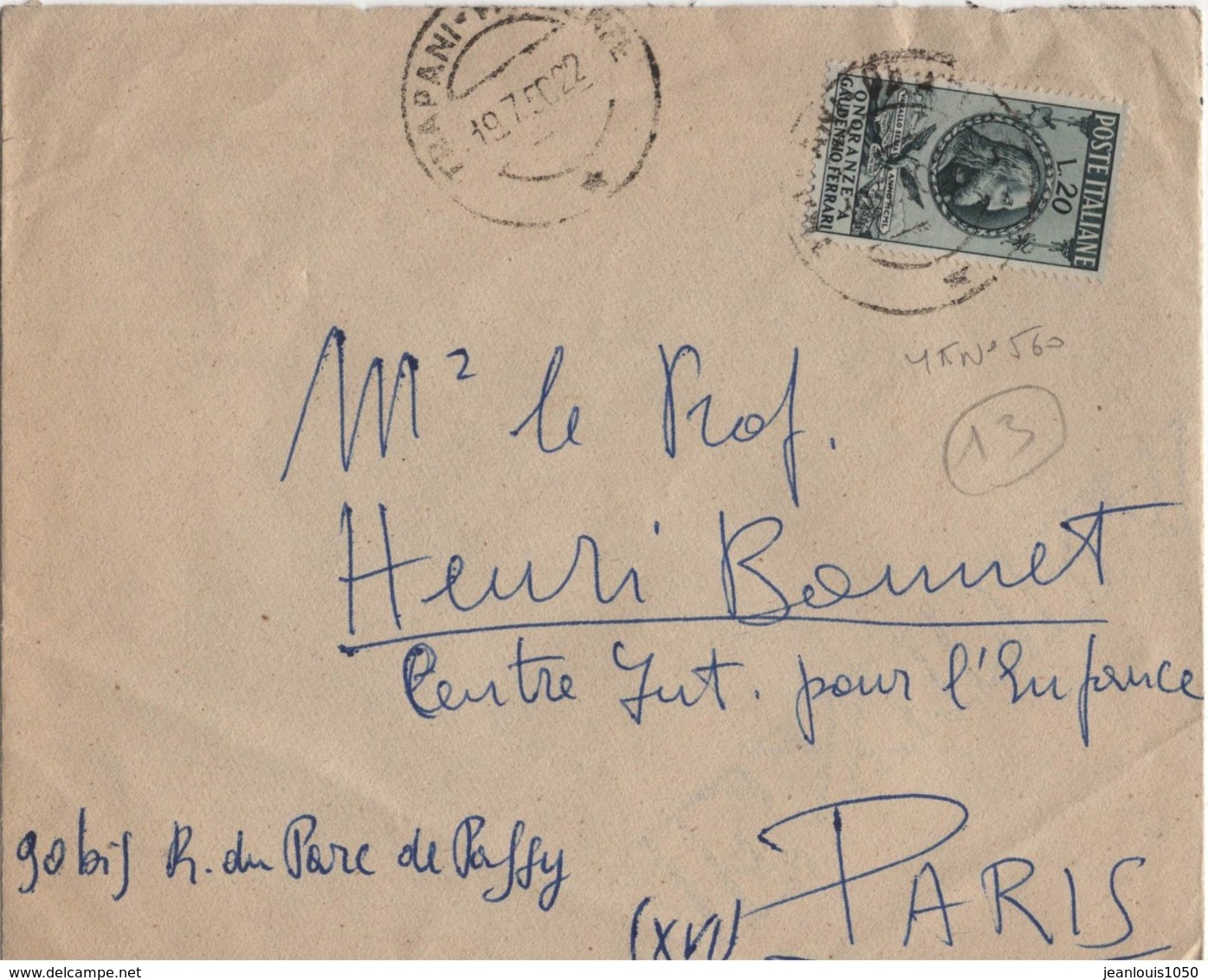 ITALIE YT N°560 OBLITERE SEUL SUR LETTRE POUR LA FRANCE - 1946-60: Poststempel