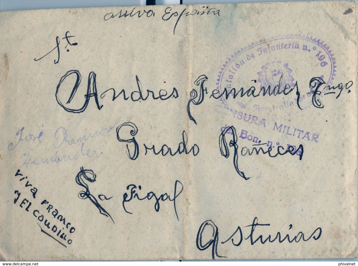 1938 , FRENTE DE LEVANTE - CASTELLÓN , CENSURA Y FRANQUICIA DEL BATALLÓN DE INFANTERIA Nº 196 / AMETRALLADORAS - Cartas & Documentos