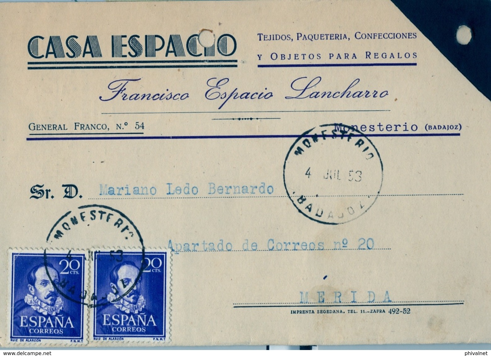 1953 , BADAJOZ , TARJETA POSTAL COMERCIAL CIRCULADA , MONESTERIO - MÉRIDA - Cartas & Documentos