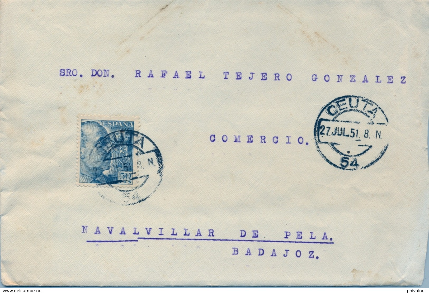 1951 , CEUTA , SOBRE CIRCULADO , CEUTA - NAVALVILLAR DE PELA , LLEGADA A VILLANUEVA DE LA SERENA , ECONOMATO MILITAR - Cartas & Documentos