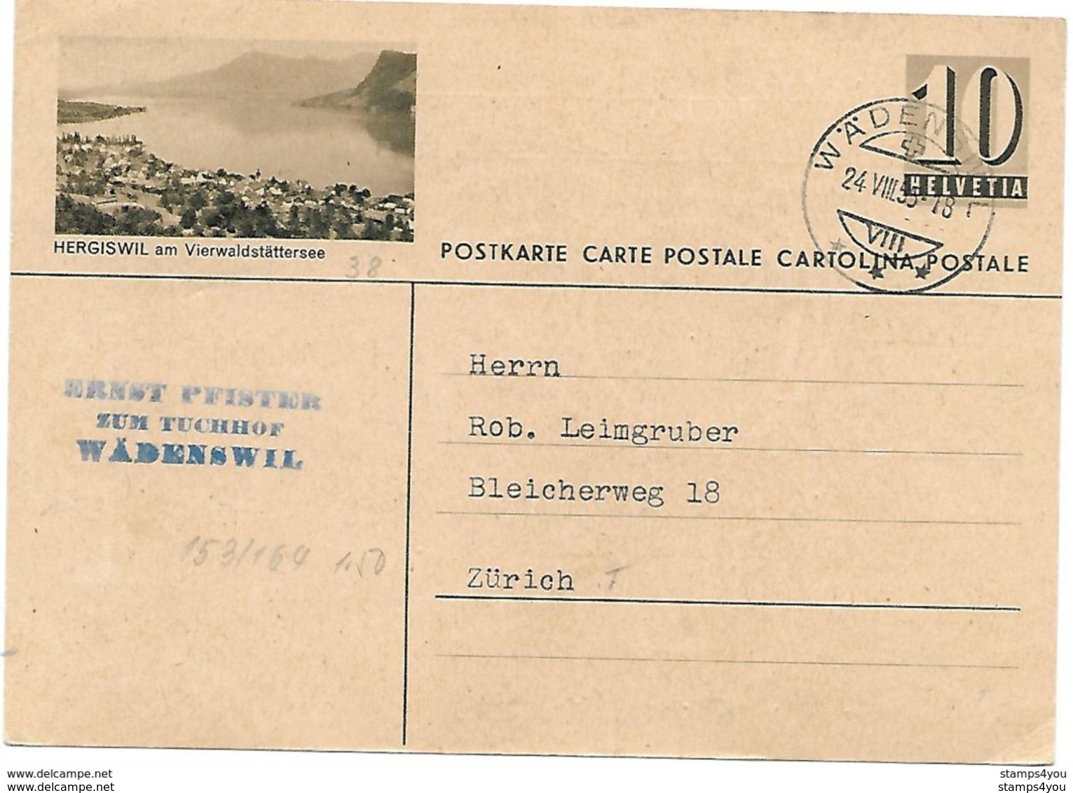 161 - 83 - Entier Postal Avec Illustration "Hergiswil" Cachet à Date Wädenswil 1955 - Postwaardestukken