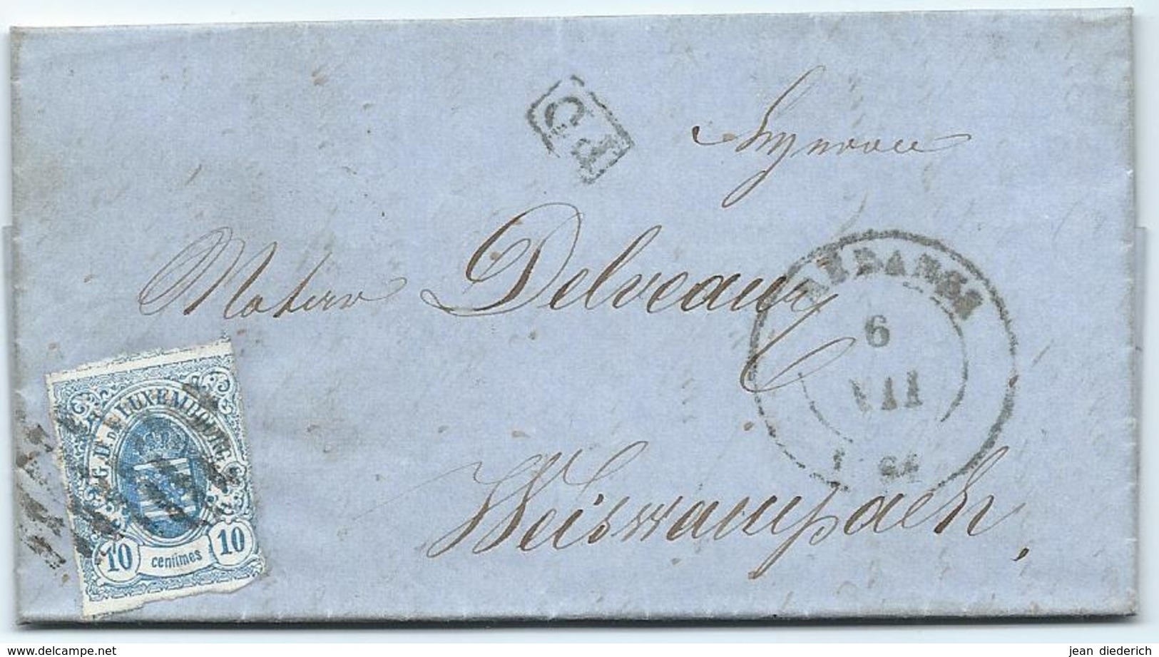 Brief - Mi 6 - Redange 6 VII 1861 (rechteckig Balken) über Diekirch Nach Weiswampach - 1859-1880 Armoiries