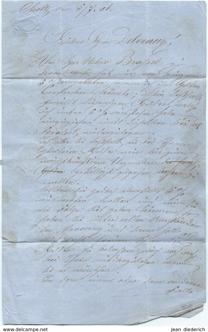 Brief - Mi 6 - Redange 6 VII 1861 (rechteckig Balken) über Diekirch Nach Weiswampach - 1859-1880 Armoiries