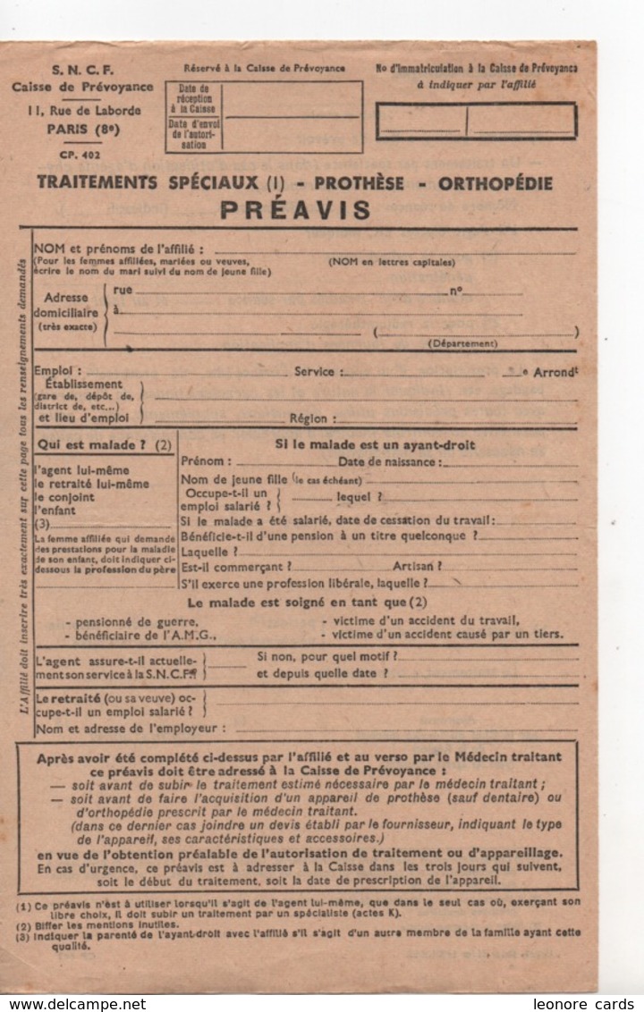 Vieux Papiers.Document Commercial.SNCF.soins Et Prothèse Dentaire.demande Prise En Charge Préavis - Sonstige & Ohne Zuordnung