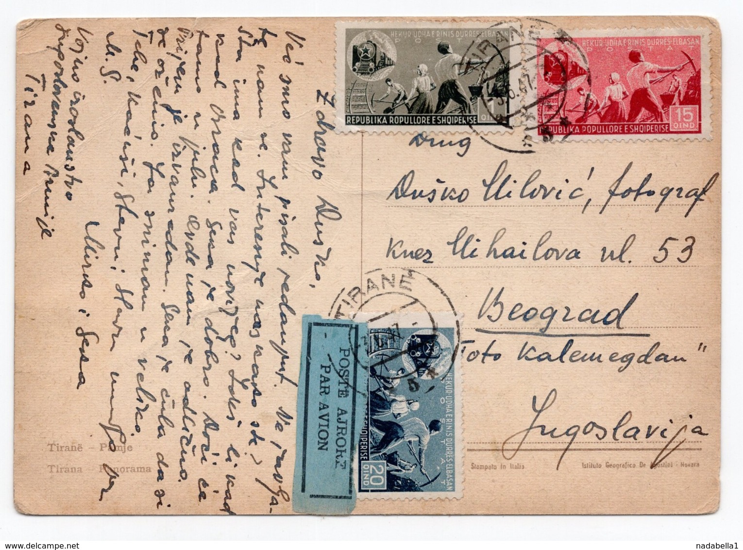 1947 ALBANIA, TIRANA TO BELGRADE, YUGOSLAVIA, AIR MAIL, ILLUSTRATED POSTCARD, USED - Albanien