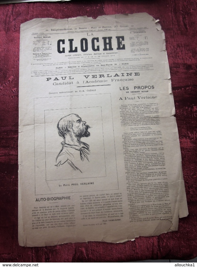 1ER SEPT 1893  "LA CLOCHE" JOURNAL SATIRIQUE-LITTÉRAIRE-ARTISTIQUE-HUMORISTIQUE- PAUL VERLAINE - 1850 - 1899