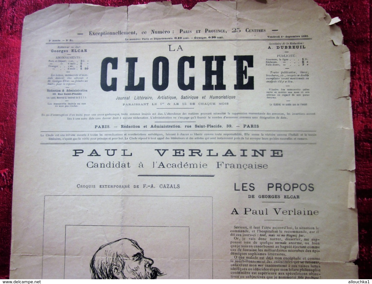 1ER SEPT 1893  "LA CLOCHE" JOURNAL SATIRIQUE-LITTÉRAIRE-ARTISTIQUE-HUMORISTIQUE- PAUL VERLAINE - 1850 - 1899