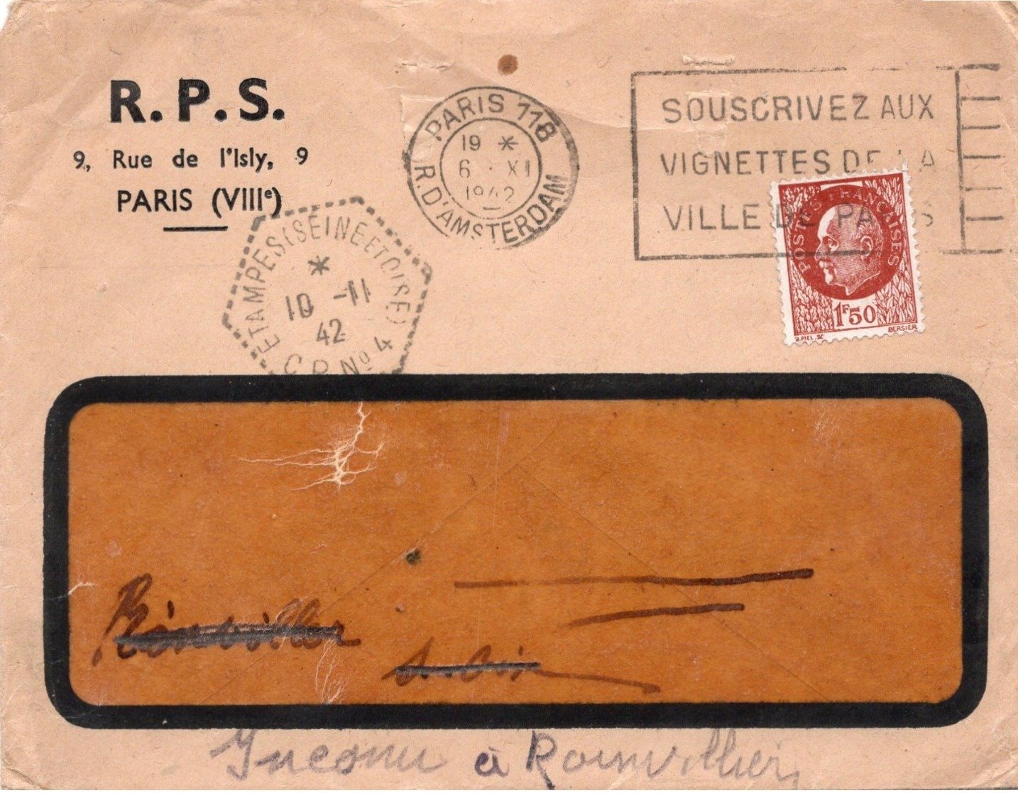 LSC 1942 - Cachet Héxagona Perlé ETAMPES (Seine Et Oise) CP N°4 Et Cachet PARIS 118 - Enveloppe Entête R.P.S. - Storia Postale