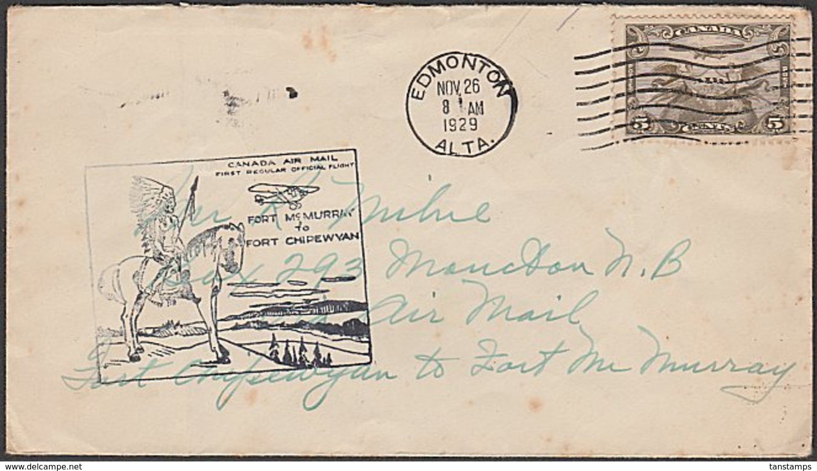 1929 CANADA FIRST FLIGHT COVER FORT McMURRAY To FORT CHIPEWYAN - Erst- U. Sonderflugbriefe