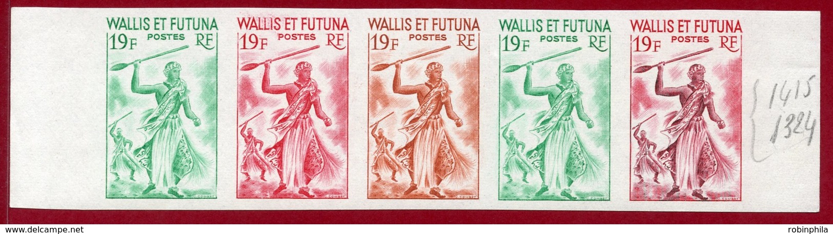 Wallis & Futuna Islands 1960 #157, Color Proof Stripe Of 5, Dancers With Paddles - Nuevos