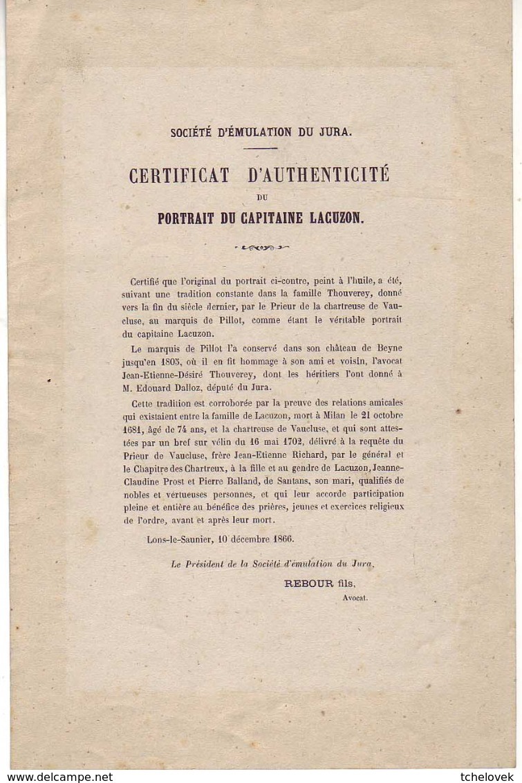 (Divers). Document Historique. Jura Franche Comte. Claude Prost Dit Lacuzon. 1866. 22x14.5 - Documentos Históricos