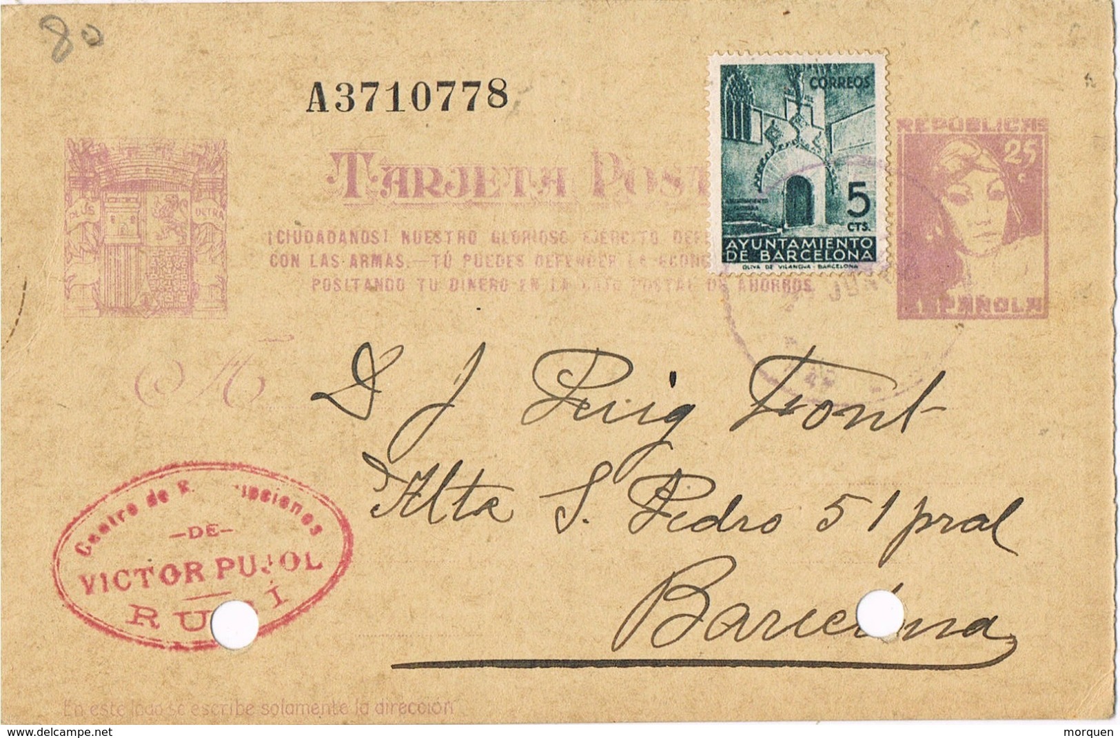 34201. Entero Postal RUBI (Barcelona) 1938. Sello Recargo Barcelona, Guerra Civil, Sin Censura - 1931-....