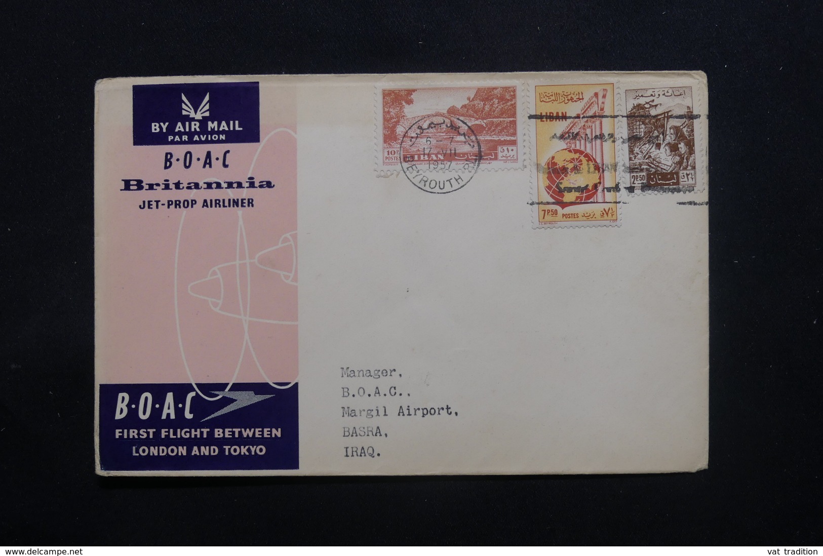 LIBAN - Enveloppe De Beyrouth Pour Basra En 1957 Par 1er Vol Londres / Tokyo ,affranchissement Plaisant - L 43683 - Liban