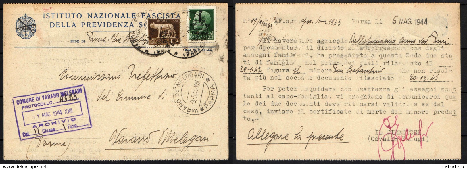 ITALIA RSI - 9.5.1944- DA PARMA VERSO VARANO DE MELEGARI - IMPERIALE 25 CENT. + 5 CENT. - FRANCOBOLLO CON BUCHI - Storia Postale