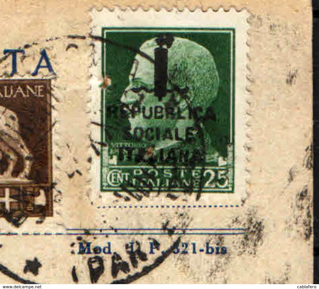 ITALIA RSI - 9.5.1944- DA PARMA VERSO VARANO DE MELEGARI - IMPERIALE 25 CENT. + 5 CENT. - FRANCOBOLLO CON BUCHI - Storia Postale