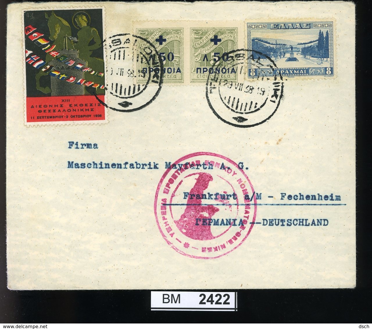 BM2422, Griechenland, O, 1934, Thessaloniki Nach Frankfurt, Mit Vignette Und Rotem Sonderstempel - Briefe U. Dokumente