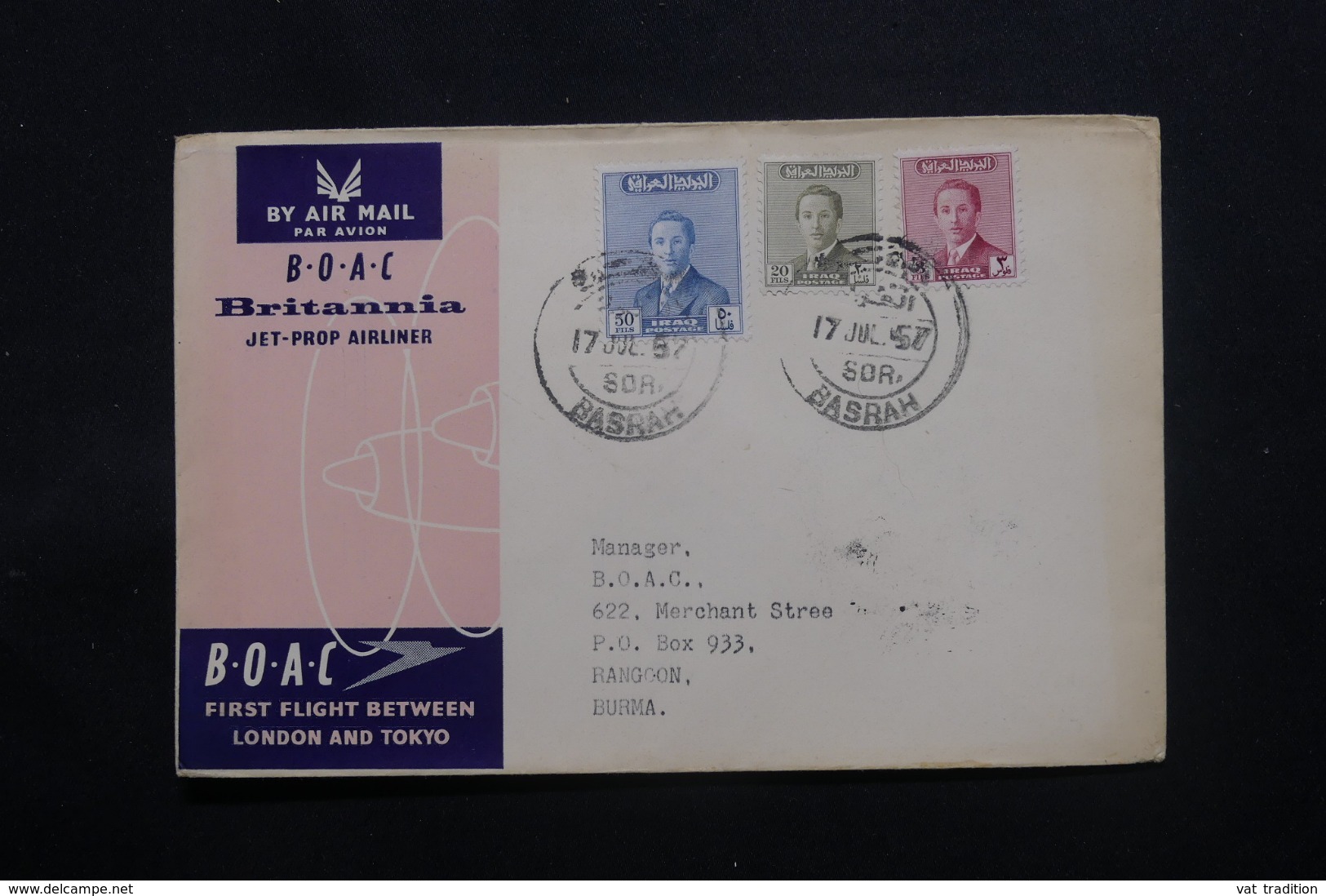 IRAQ - Enveloppe De Basrah Pour Rangoon Par 1er Vol Londres / Tokyo En 1957 , Affranchissement Plaisant - L 43719 - Iraq