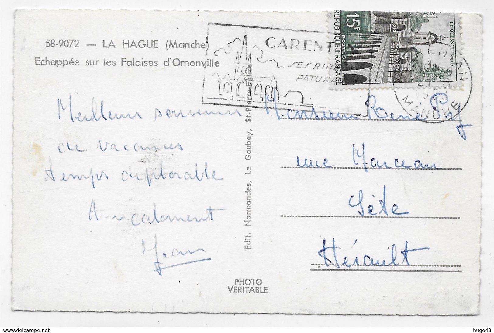 (RECTO / VERSO) LA HAGUE EN 1958 - ECHAPPEE SUR LES FALAISES D' OMANVILLE - BEAU TIMBRE - FORMAT CPA VOYAGEE - Altri & Non Classificati