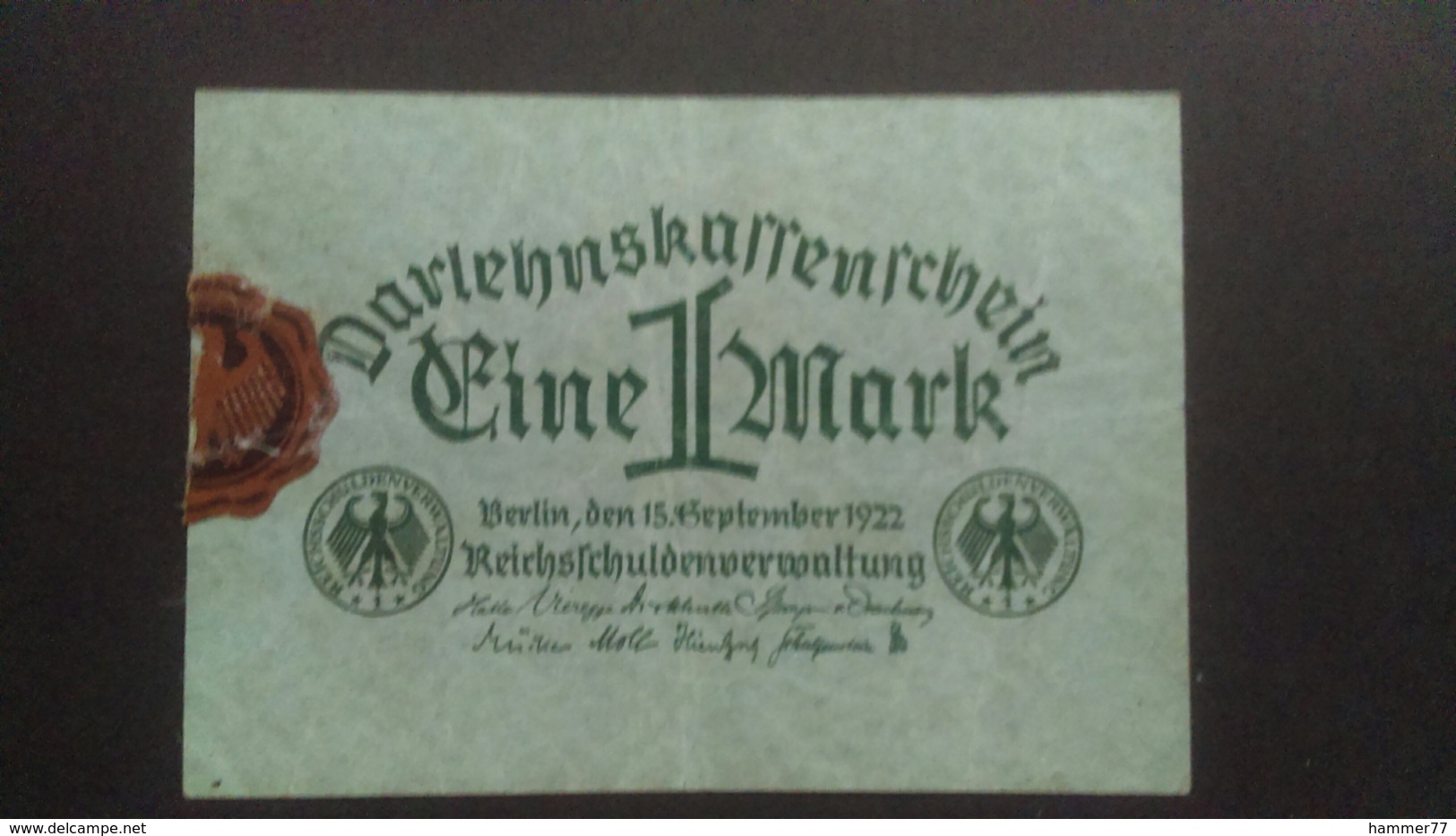 Germany 1922: Darlehnskaffenschein 1 Mark - 1 Mark