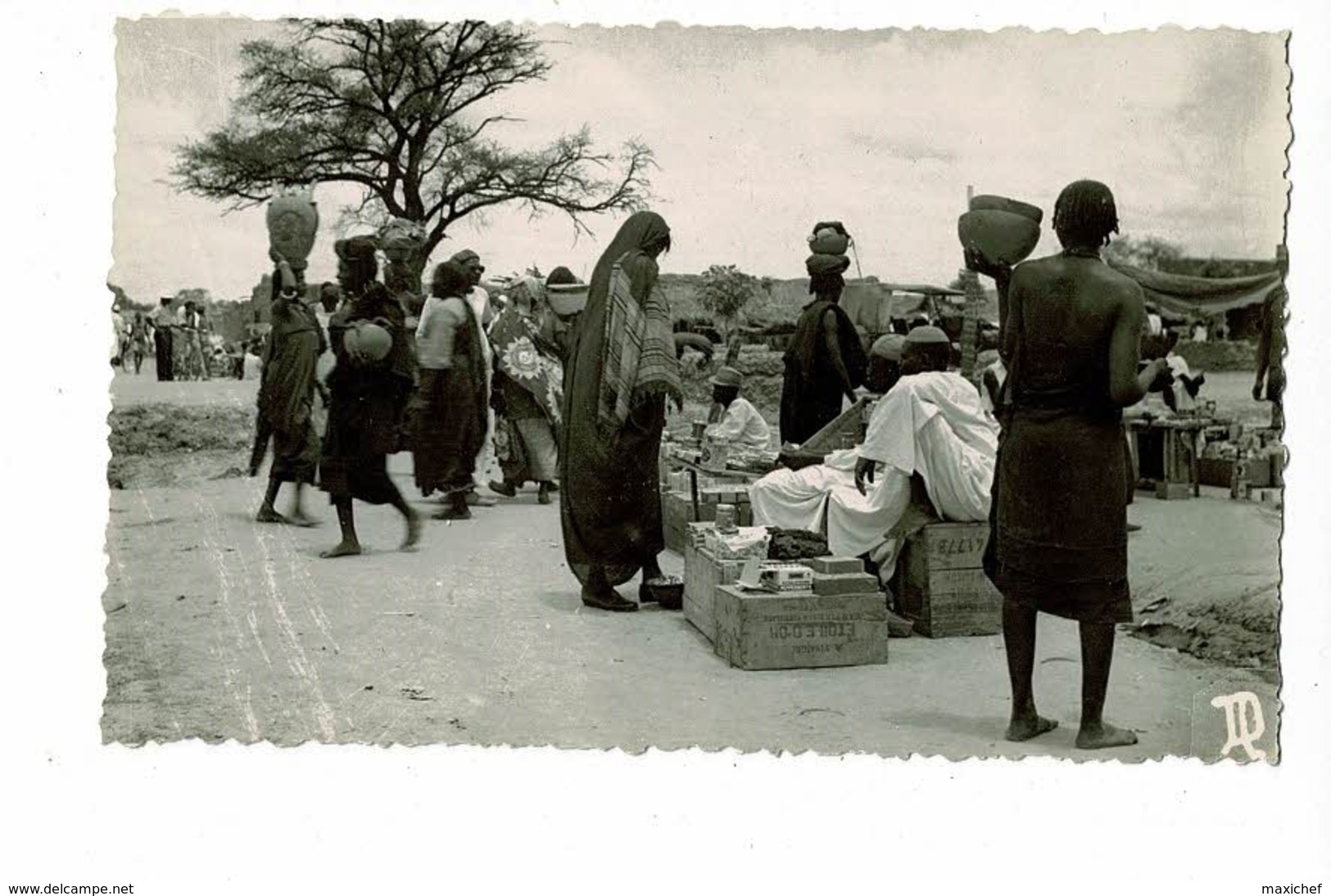 Carte Photo, Cliché André Dugne - Fort-Lamy - Le Marché  (animation, étalage Au Sol) Circulé 1955, Sous Enveloppe - Chad