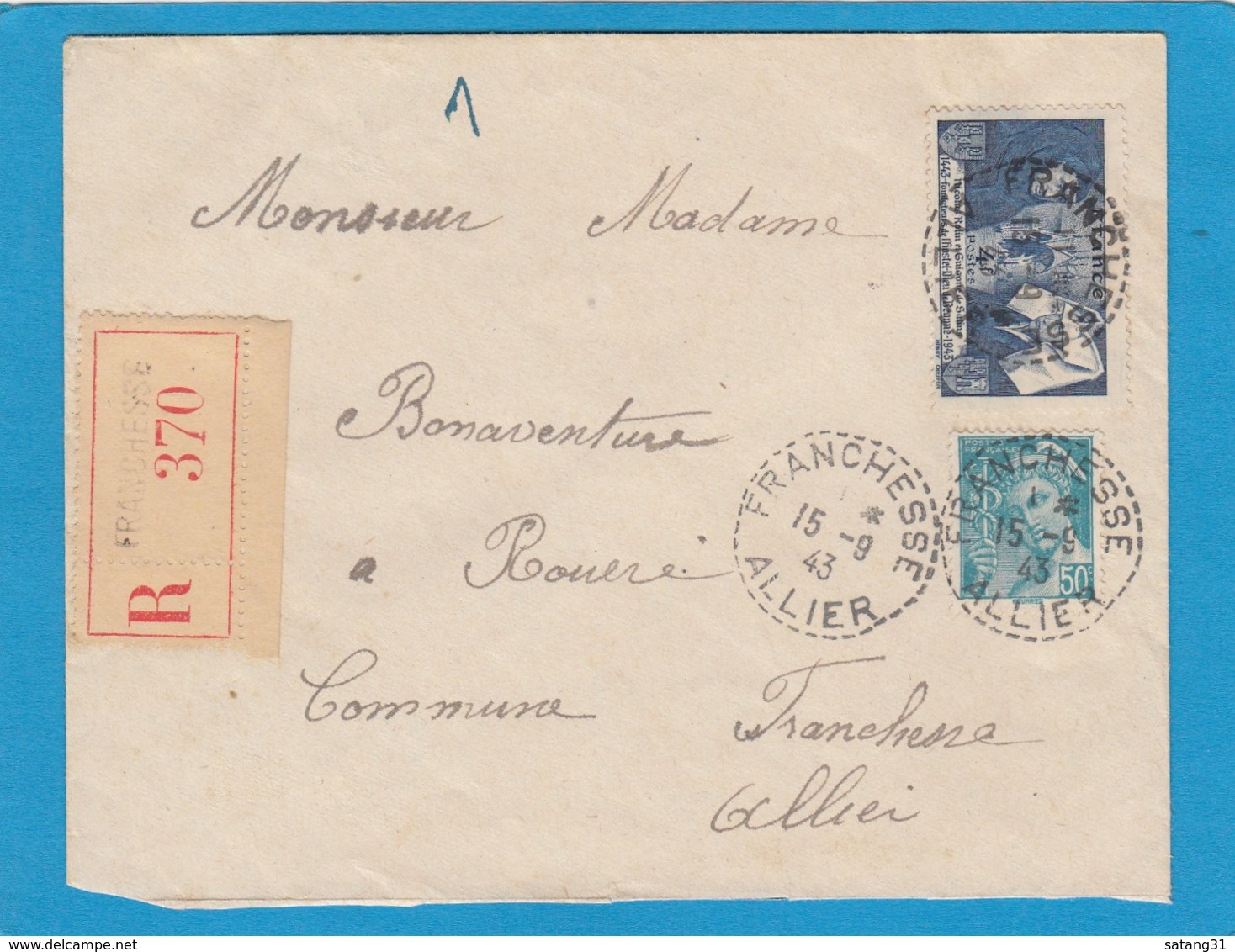 LETTRE RECOMMANDÉE DE FRANCHESSE,1943. - Lettres & Documents